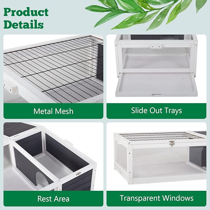 Wooden Tortoise Habitat Indoor & Outdoor Large Transparent Tortoise Enclosure in Gray with Rest Area, Activity Area and Removable Tray for Small and Medium-Sized Animals