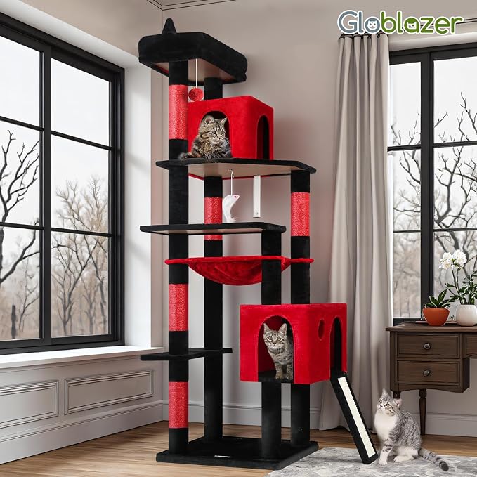 Globlazer Gothic Heavy Duty Cat Tree, 70in Tall Sturdy Goth Cat Tree for Indoor Cats Extra Large Cat Tower with Scratching Post, Cat Condos for Adult Cats Kittens, Hammock, Perch, F70 Pro, Red Black - Image 7