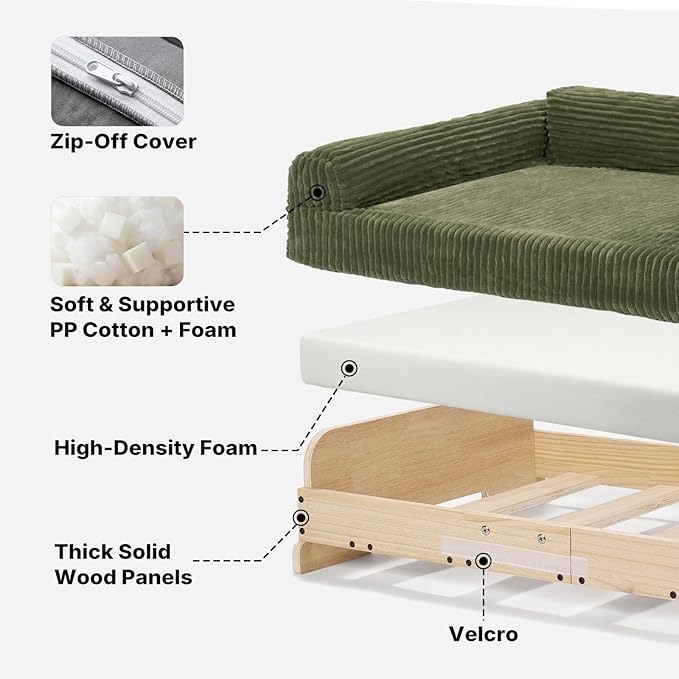 Veehoo Elevated Dog Bed Indoor, Wood Furniture Style Dog Couch Sofa with Removable Washable Cover, Cute & Durable Dogs Bed Furniture for Medium Size Dogs Up to 60 lbs