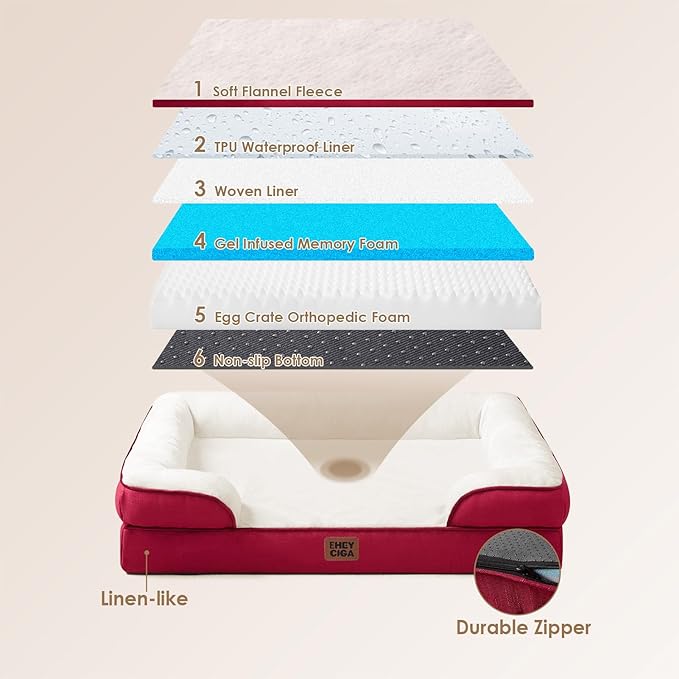 EHEYCIGA Orthopedic Dog Beds for Large Dogs, Waterproof Memory Foam Large Dog Bed with Sides, Non-Slip Bottom and Egg-Crate Foam Pet Couch Bed with Washable Removable Cover,Red