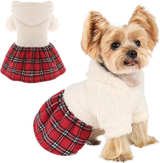DaFuEn Dog Sweater,Dog Dress, Dog Sweaters Dresses for Small Dogs,Cute Warm Fleece Hooded Sweater for Small Dogs, Plaid Puppy Dresses Clothes Chihuahua Yorkie Cat Apparel （White,M