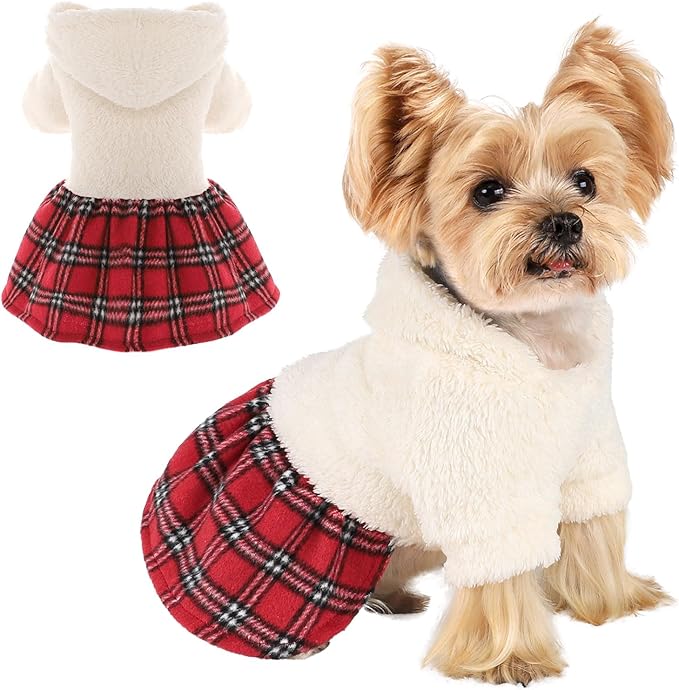 DaFuEn Dog Sweater,Dog Dress, Dog Sweaters Dresses for Small Dogs,Cute Warm Fleece Hooded Sweater for Small Dogs, Plaid Puppy Dresses Clothes Chihuahua Yorkie Cat Apparel （White,XXS