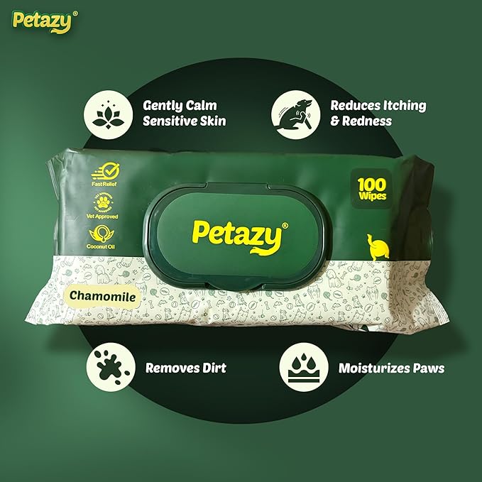 Petazy Dog Wipes for Paws and Butt – 400 Count (8x8in) Hypoallergenic, Deodorizing Pet Wipes for Dogs and Cats | Extra Large, Plant-Based, Chamomile Scented | Includes 4 Grooming Glove Wipes