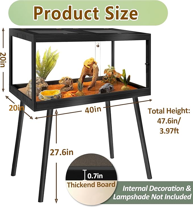 PROLEE Reptile Enclosure with Leg, 65 Gallons Bearded Dragon Tank, Tempered Glass Lizard Tank with Metal Mesh Tops and Lockable Door, Spacious Reptile Habitat for Snake,Lizard (Black)