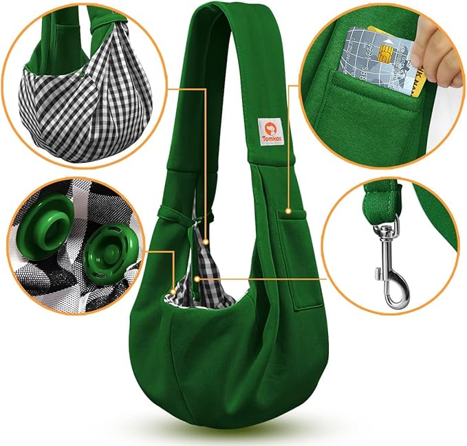 Tomkas Small Dog Sling Carrier - Zipper Pocket & Adjustable Strap & Zip Pocket - for 3-10 lbs Pets (Emerald Green, M - Classic Pocket & Classic Strap)