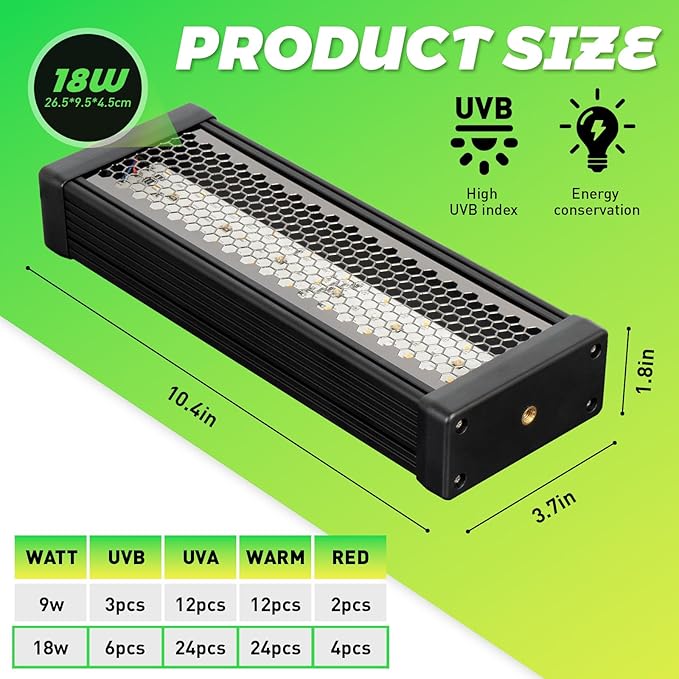 HNRLOY Reptile UVB LED Light Full Spectrum,18W UVA/UVB LED Reptile Light for Bearded Dragons,Chameleons, Turtles,Lizards,Geckos,Snakes, Adjustable Timer, Dimmable Reptile Lamp with 3 Lighting Modes