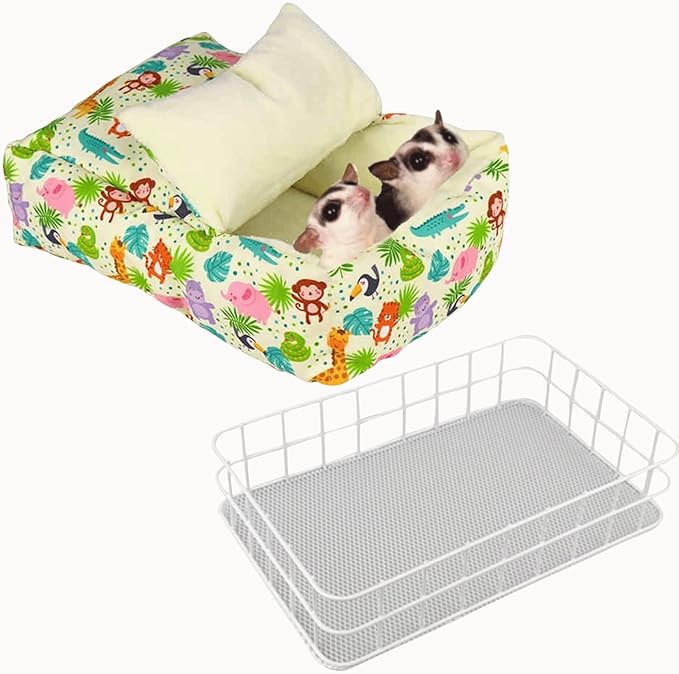 Rat Hammock for Cage Chew Proof Rat Toys Warm Bed, Small Animal Hanging Iron Basket Ferret Cage Accessories and Habitats Removable Nest Mat for Hamster, Sugar Glider, Hedgehog (White Iron,Monkey)