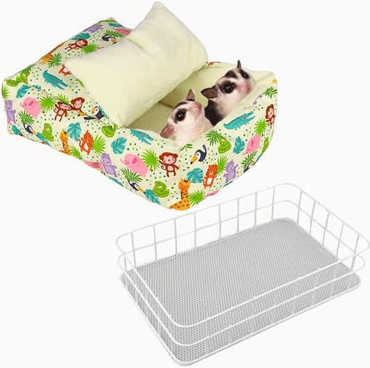 Rat Hammock for Cage Chew Proof Rat Toys Warm Bed, Small Animal Hanging Iron Basket Ferret Cage Accessories and Habitats Removable Nest Mat for Hamster, Sugar Glider, Hedgehog (White Iron,Monkey)