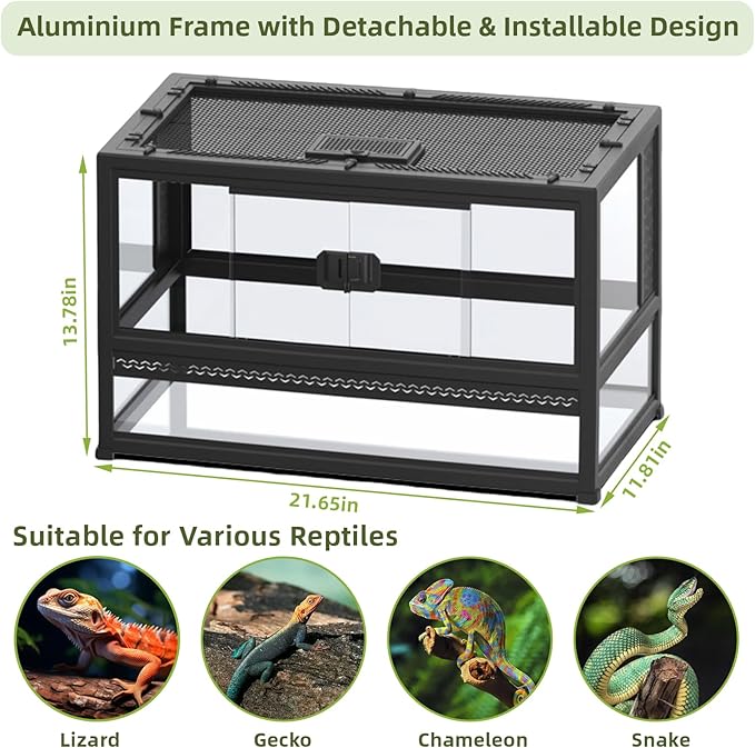 XIGETRAIL Tempered Glass Bearded Dragon Tank, 22" x 14" x 12" Reptile Enclosure with Sliding Door and Top Screen Ventilation,Reptile Tank for Lizard,Gecko,Chameleon