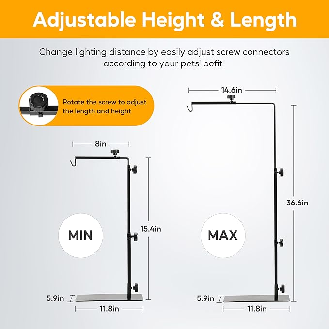 HealSmart Reptile Metal Lamp Stand Adjustable Floor Light Holder, Heating Light Landing Bracket, for Dome lampshade, Terrarium Tank, 15-36 Inch Height
