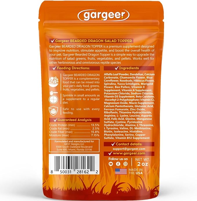 Gargeer 2oz Bearded Dragon Food Supplement, Flower Salad Mix Topper. Supercharge Juveniles & Adults Appetite, Health & Immune System. Complete Diet, Rich with Vitamins, Made in The USA. Enjoy!
