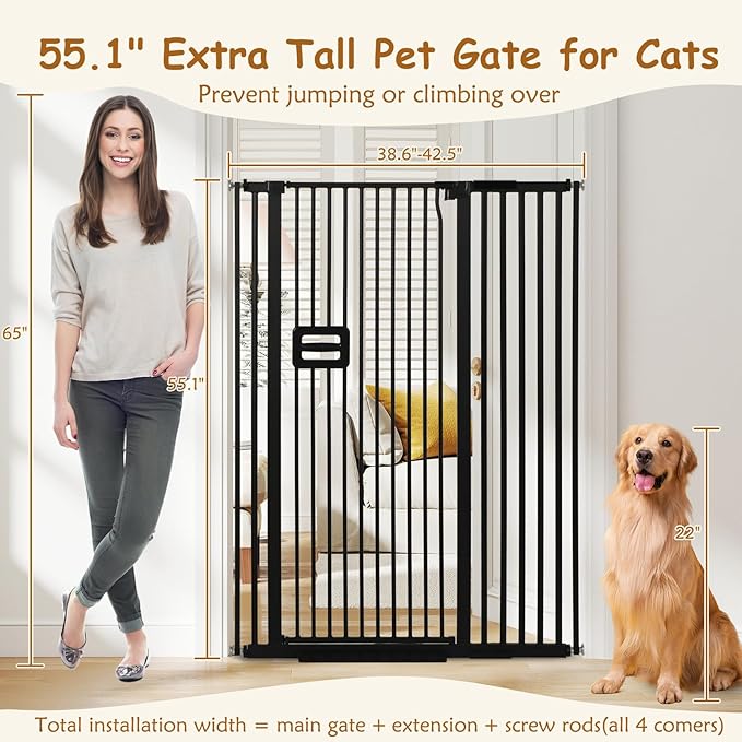55'' Extra Tall Cat Gate, 38.6"-42.5" Wide Auto Close Tall Pet Gate for Doorways, Pressure Mounted High Dog Door Gate No Drilling Cat Fence Safety Baby Gate for Stairs, Doorways, Black