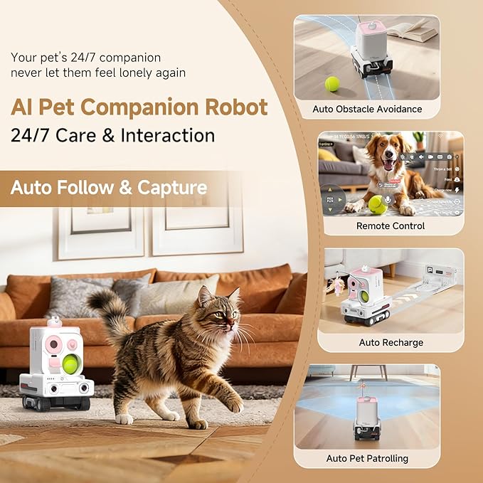 Pmate AI Pet Camera Robot Companion for Dogs & Cats, Robot Camera with Visual Recognition, Remote Video Interaction, Auto Feeding & Play, Red Light Teaser, Night Vision, Auto Charging, Pink
