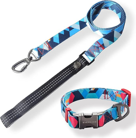 Everking Dog Leash and Collar Set with Metal Buckle,Suitable for Large Dogs Weighing 21-40kg, Memphis Geometric Pattern Design Style, Flexible Webbing, Nylon Handle, Adjustable (Blueberries, L)