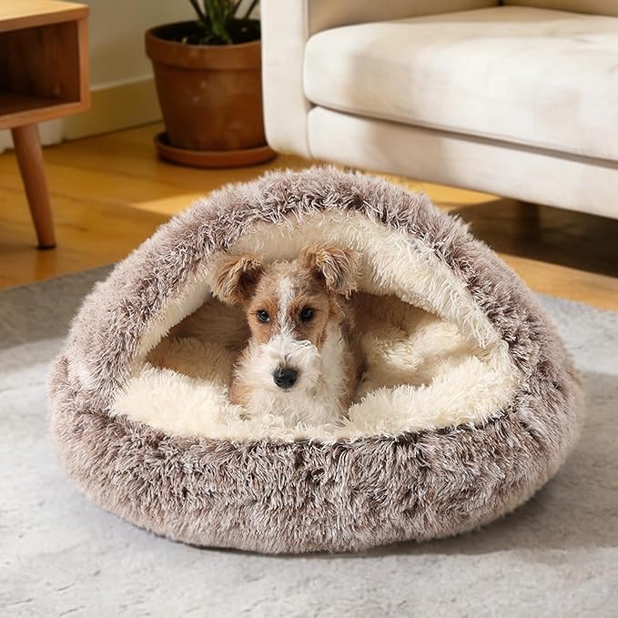 NOYAL Round Hooded Donut Dog Bed for Small & Medium Pets - Plush Fluffy Anti-Anxiety Cat Cave Bed with Cover