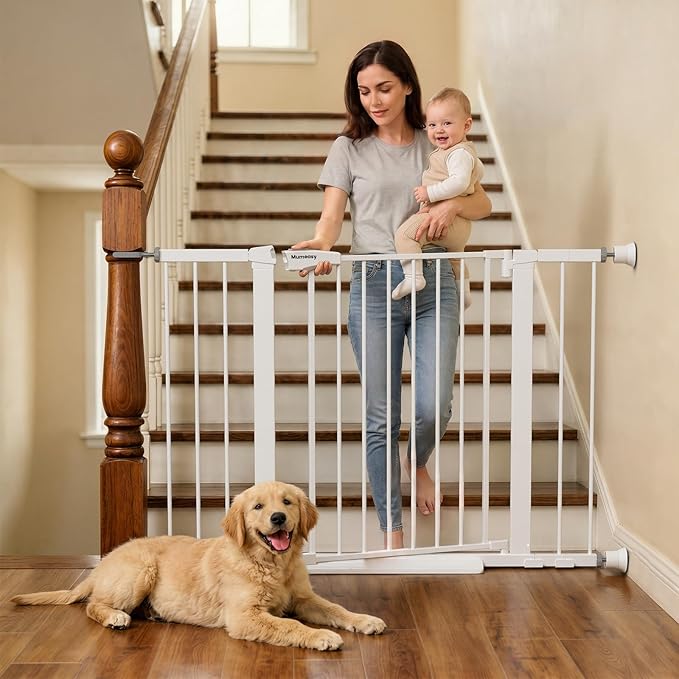 Mumeasy 29.6-46" Baby Gate for Stairs, Pressure Mounted Dog Gate for Doorways, Auto Close Pet Gate for Indoor Use, Extra Wide Child Gate with Walk Thru Door White, Mom's Choice Awards Winner