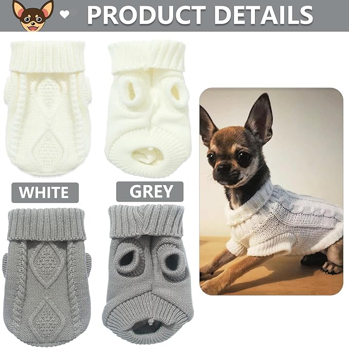 2 Pack Turtleneck Puppy Sweaters Warm Knitted Dog Sweaters for Small Dogs Girl Boy Teacup and Cats Pet Clothes Doggie Apparel Outfits, Grey White, XS(2.4~3.8lbs)