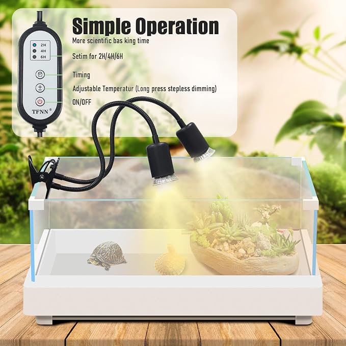 TFNN Reptile Heat Lamp, Double-Head Heat Lamp with Clamp, UVA UVB Reptile Light with Intelligent Cycle Timer for Turtle, Bearded Dragon, Lizard and More, 2 Bulbs 25W+50W
