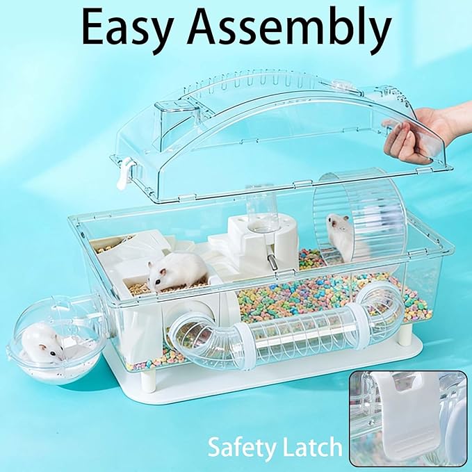 Tfwadmx Dwarf Hamster Cage,Acrylic Rat Cage,Hamster Home Small Animal Cages with Tube Exercise Wheel Mouse Habitat for Gerbils Mice 17.7”x11”x11.8”