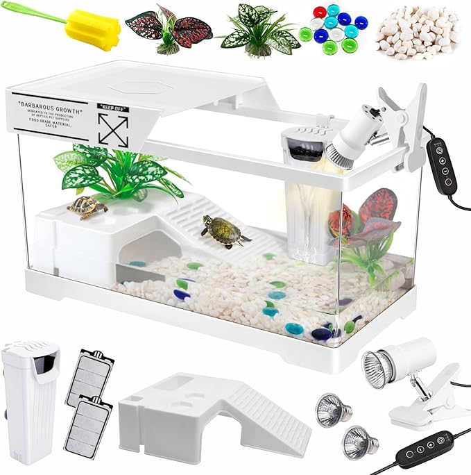 GOZILLA Turtle Tank Kit+Lamp+Filter, Upgrade PC Turtle Tank Starter Kit with Adjustable Lamp & Filter,Reptile Habitat with Lid,Basking Platform for Small Reptiles(19.68× 9.52× 9.44''/White-Large-Kit)