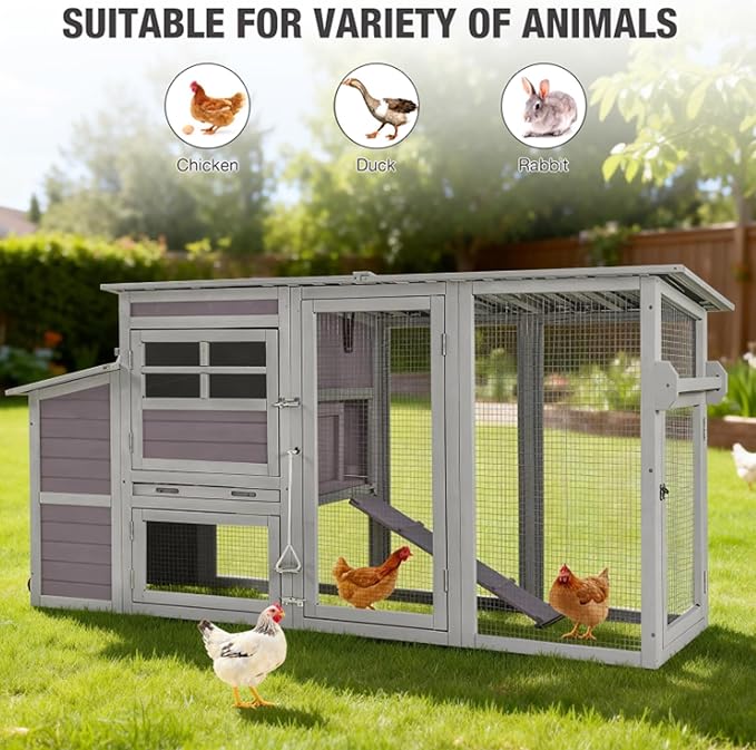 Large Chicken Coop with Run, Wooden Chicken House with Nesting Box, Outdoor Hen House with Wheels and Leakproof Pull-on Tray, Waterproof Poultry Chicken Cages for 5 Chickens