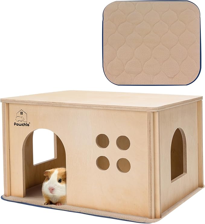 PAWCHIE Guinea Pig House Hide - Wooden Hideout for Chinchilla Small Animals, Habitat with Windows Guinea Pig Hamster Rat Living, Rectangular Hut with Pee Pad