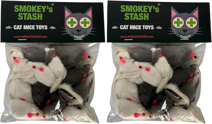 Smokey's Stash Rabbit Fur Mouse Cat Toy 24 per Pack White and Gray Fuzzy Toys for Cats with Rattle Realistic Fake mice (24) by Smokeysstash