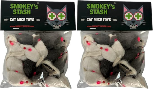 Smokey's Stash Rabbit Fur Mouse Cat Toy 24 per Pack White and Gray Fuzzy Toys for Cats with Rattle Realistic Fake mice (24) by Smokeysstash