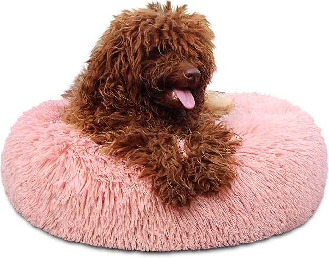 Extra Small Dog Bed 19 Inch,Calming Donut Puppy Bed,Ultra Soft Faux Fur Round Dog Bed for Chihuahua Yorkie Maltese Pomeranian,Pink