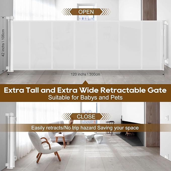 Miumoon 120 inch Retractable Baby Gates 42 inch Tall, Retractable Gate with Reinforced Strip Design to Prevent Crawling Through, 10 FT Extra Wide Retractable Dog Gate for Indoor/Outdoor