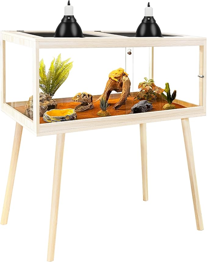 PROLEE Reptile Enclosure with Leg, 82 Gallons Bearded Dragon Tank, Tempered Glass Lizard Tank with Metal Mesh Tops and Lockable Door, Spacious Reptile Habitat for Snake,Lizard (Oak)