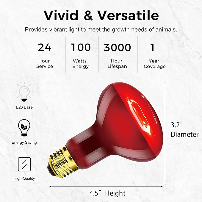 Red Reptile Heat Lamp Bulb 100W, Infrared Heat Emitter Red Heat Lamp for Reptile Amphibian, Infrared Basking Spot Light Bulb 2PCS