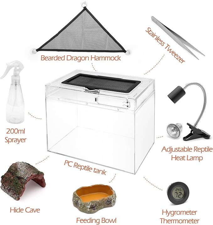 AZV Reptile Terrarium Starter Kit,8 Piece Small Reptile Tank with Escape-Proof Locks,Mesh Top,Multi-Vent Compatible Habitat,Durable Clear PC,Easy-Clean Waterproof Base for Geckos,Frogs,Spiders XLarge