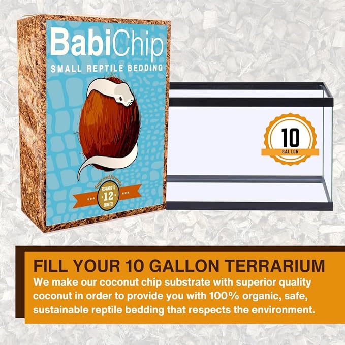 BabiChip Coconut Chip Substrate for Reptiles 12 Quart Loose Small Sized Coco Husk Chip Bedding for Ball Pythons, Other Snakes, Tortoises, Geckos, Frogs, or Lizard Terrarium Tanks