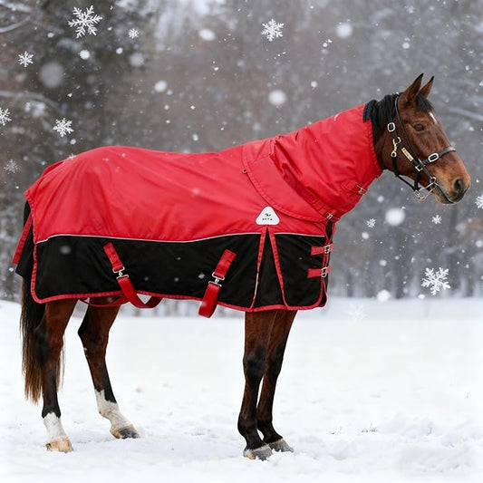 1680D All-Weather Horse Turnout Blanket with Detachable Neck Cover - 280g Medium Weight Winter Horse Blanket, Water-Resistant & Breathable for Cold Weather (72in/135cm)