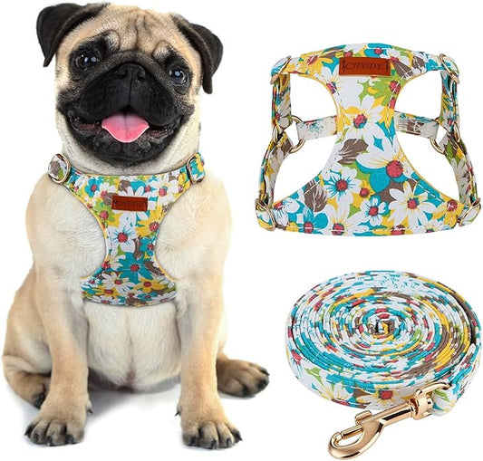 CHEDE No Pull Floral Pattern Dog Harness- Lightweight and Soft Harness, Adjustable Small Dog Harness and Leash Set, with Dog Leash, Suitable for Puppy Small and Medium-Sized Dog