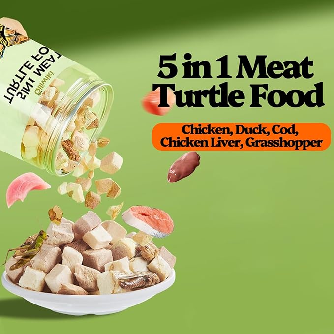 Turtle Food, 5 in 1 Meat Turtle Treats - Natural Freeze-Dried Chicken & Duck & Cod & Chicken Liver & Grasshopper - Human-Grade Real Meat - High Protein, 3oz