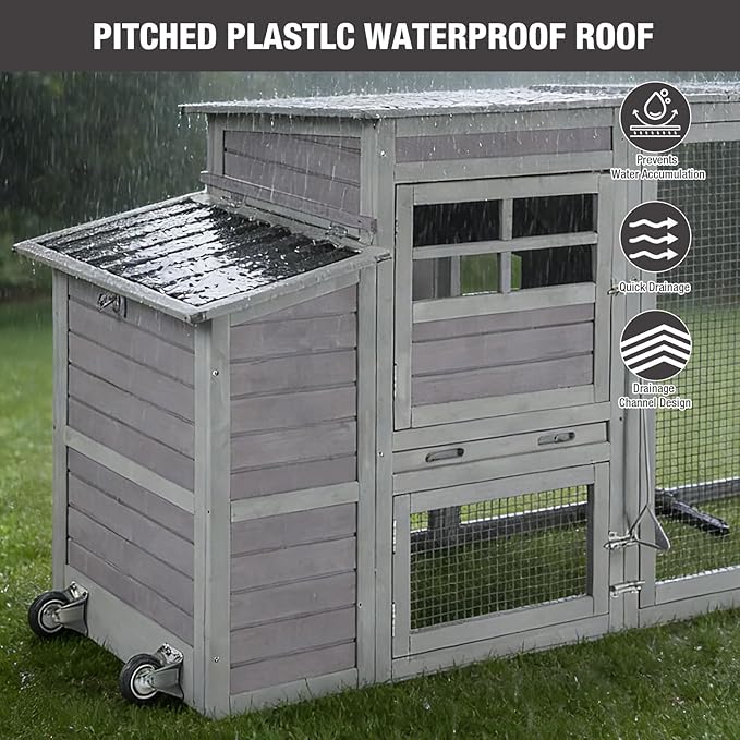 Large Chicken Coop with Run, Wooden Chicken House with Nesting Box, Outdoor Hen House with Wheels and Leakproof Pull-on Tray, Waterproof Poultry Chicken Cages for 5 Chickens