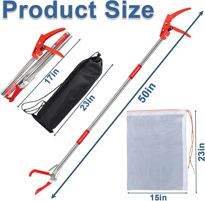 Upgraded 50" Snake Grabber Tool with Lock, Stainless Steel Snake Tongs, Foldable Long Reach Snake Catcher with Non-Slip Grip and Wide Jaw