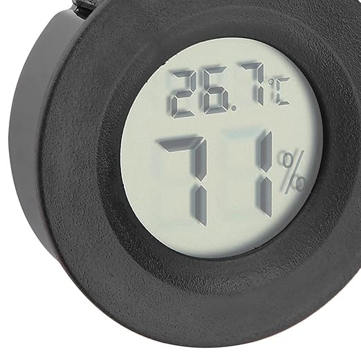 Fydun Digital Thermometer Hygrometer, LCD Temperature Humidity Mini Hygrometer Round Shape Thermometers Meter for Reptile Incubator Aquarium Poultry, Compact Size & (Black)