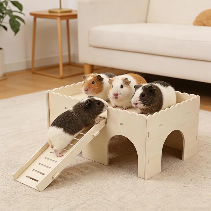 Hypeety Wooden Guinea Pig Hideout Sturdy Wooden Castle with Stairs Easy to Assemble Small Animal House Guinea Pig Hut Bed Habitats for Hamsters Bunnies Chinchillas Playing and Hiding