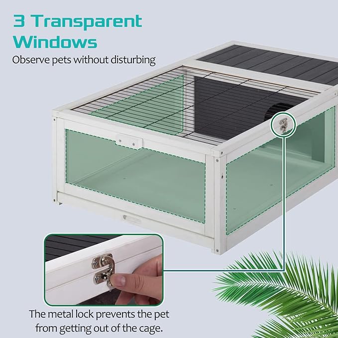 Turtle Habitat Enclosure, Large Wooden Tortoise House for Indoor and Outdoor Use, Reptile Enclosure with Openable Roof & Secure Locking System (White)