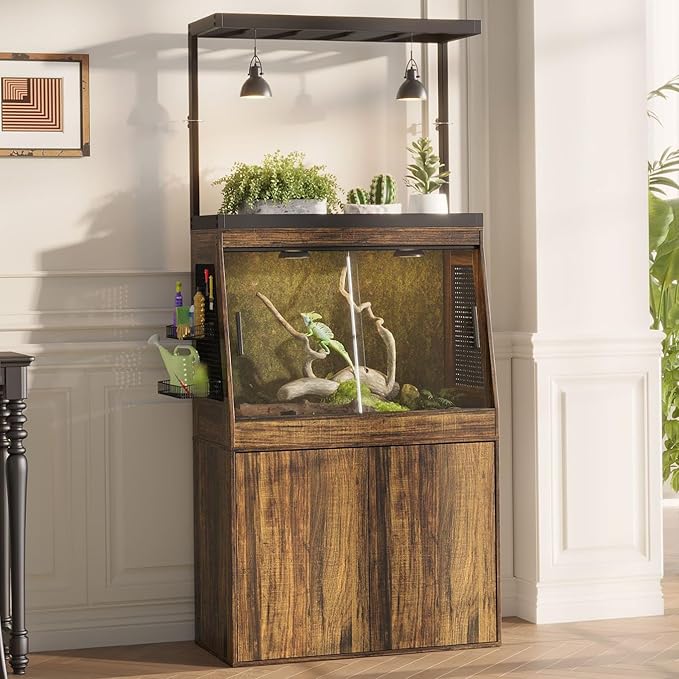 45 Gallon Inclined Reptile Tank with Terrarium Stand, Large Terrarium Reptile Tank Enclosure with Storage Cabinet, Adjustable Shelves and Ventilation Hole Panel, Bearded Dragon Cage, Brown