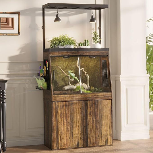 45 Gallon Inclined Reptile Tank with Terrarium Stand, Large Terrarium Reptile Tank Enclosure with Storage Cabinet, Adjustable Shelves and Ventilation Hole Panel, Bearded Dragon Cage, Brown