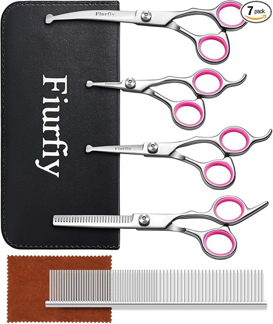 Furry Professional Pet Grooming Scissors with Safety Round Heads - 6 in 1 Curved Scissors for Dogs and Cats
