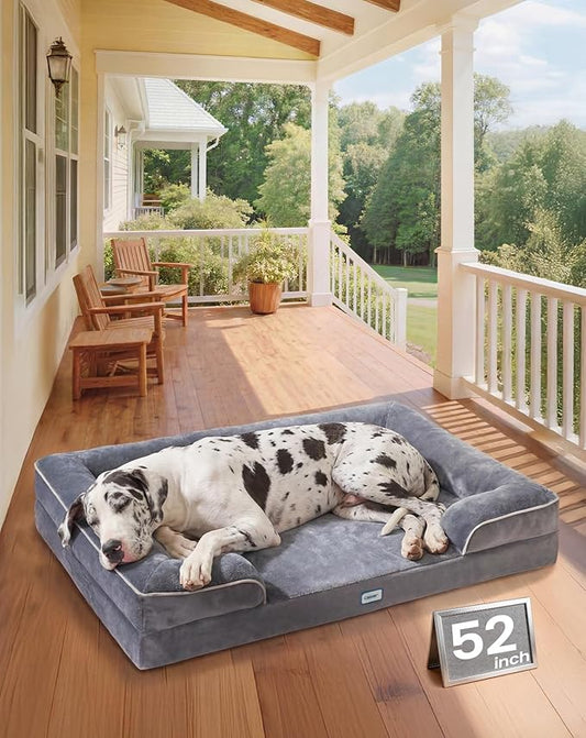 OhGeni Orthopedic Dog Bed Couch Big Cat Sofa for Jumbo Sized Pets with Memory Foam, Machine-Washable Waterproof Removable Cover, Soft Comfortable Fabric, 52-inch (Gray)