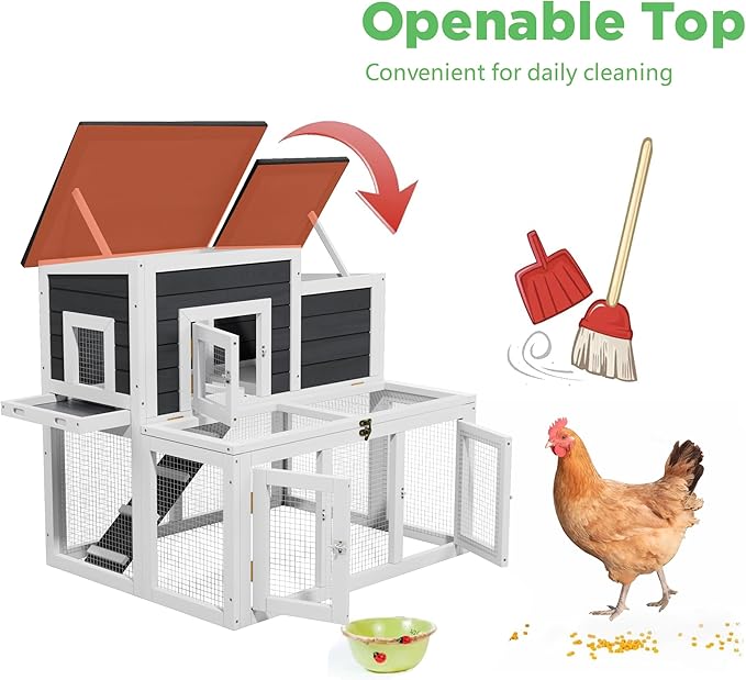 Small Chicken Coop for 2 Chickens,Wooden Chicken Coops with Nesting Boxes Indoor Outdoor,Bunny House Rabbit Hutch Poultry Pet Run Cage with 2 Waterproof Roof, Stairs&Leak-Proof-Tray (White)