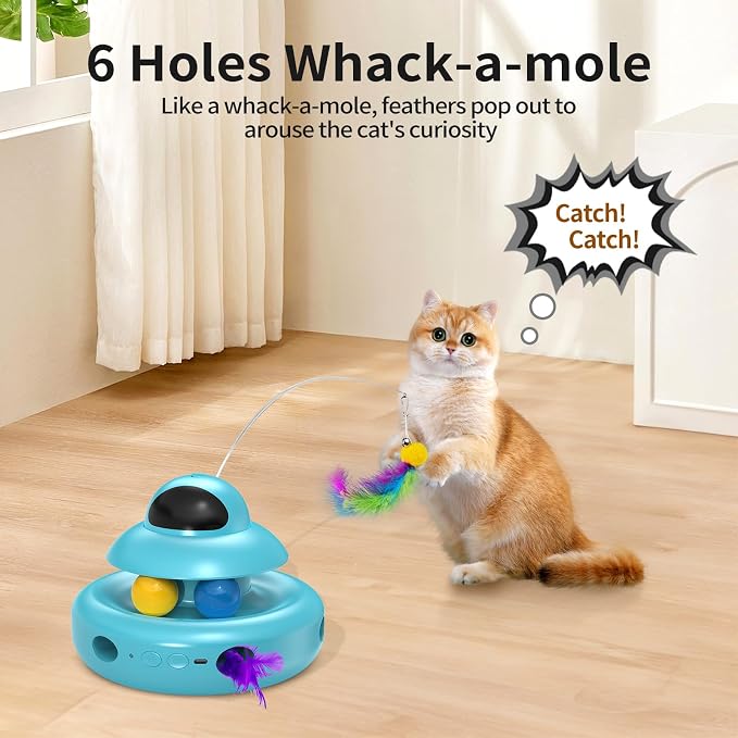 MOHAYA Cat Toys,4-in-1 Automatic Kitten Toy for Bored Indoor Adult Cats,lectric Flying Butterfly,Whack a Mole,Feather Track Balls,Blue - Image 4