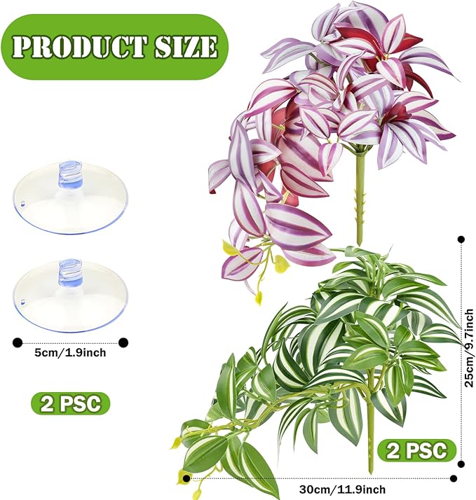 QUOZUO 2 Pack Reptile Plants, Artificial Hanging Plants with Suction Cups, Habitat Decor Plastic Vines Decorations for Bearded Dragons Lizards Snake Geckos Frogs -Purple and Green