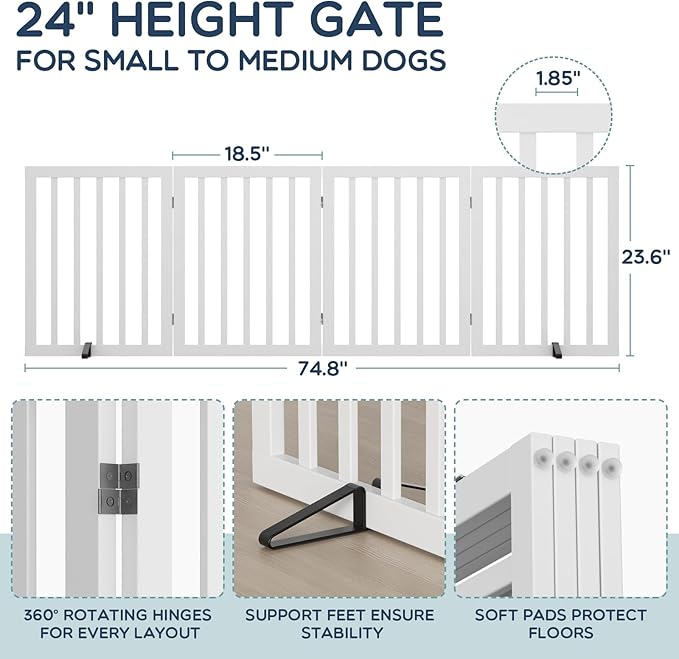 Homykic Bamboo Freestanding Dog Gate, No Assembly Pet Gate Indoor, 24”H x 75”W Extra Wide Foldable Puppy Barrier Fence with Support Feet for the House, Doorways Stairs, 4 Panels, No Drilling